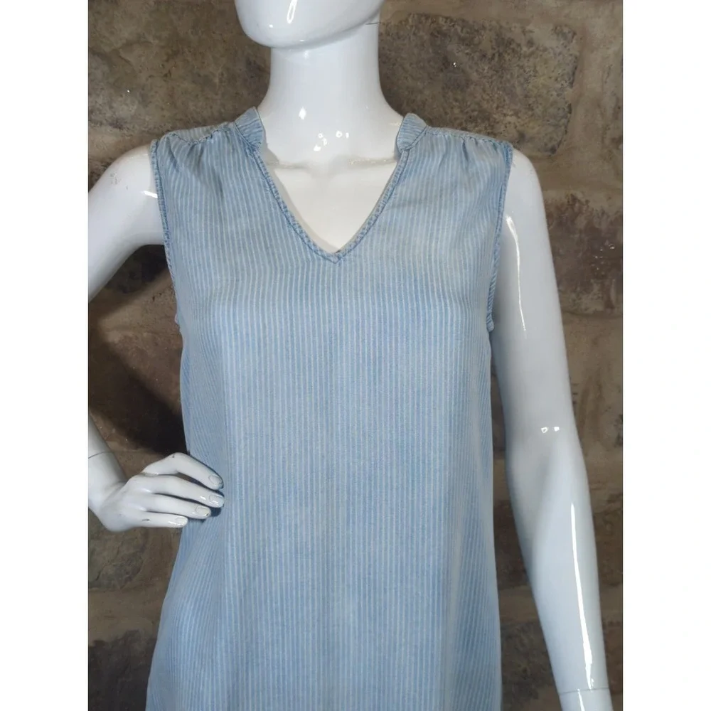 Michael Stars Dress 100% Tencel Blue Striped Sleeveless Embroidered‎ Size Small